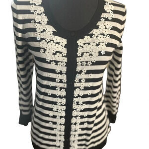 Talbots petites black white striped button down cardigan with flower neckline